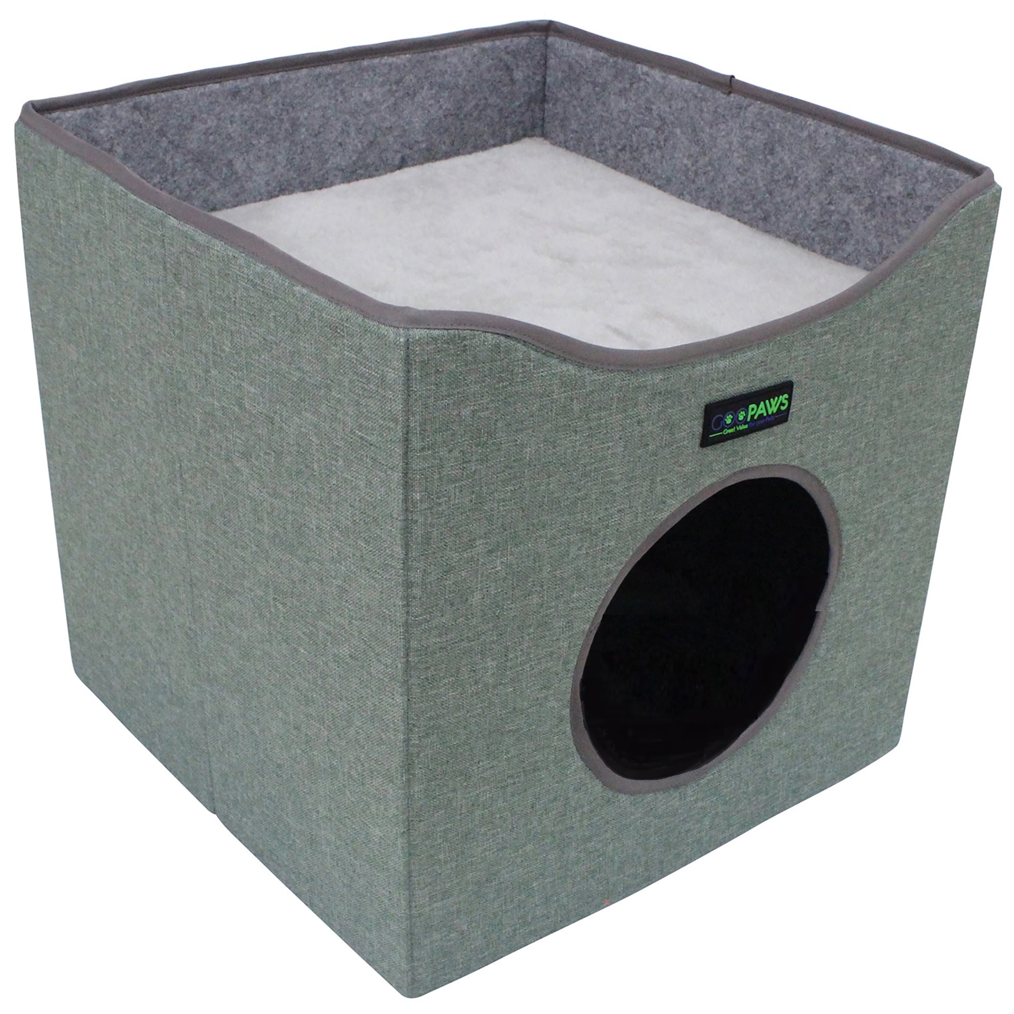 JESPET & GOOPAWS: Foldable Cat Condo - Sage Green - Cube House, Sleeper Bed Cave, Top Lying Surface, 2 Reversible Cushions, Hiding Place, 15.5 x 15"