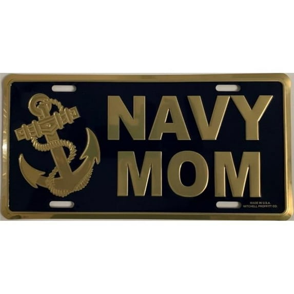 Navy Mom Gold Print Metal License Plate