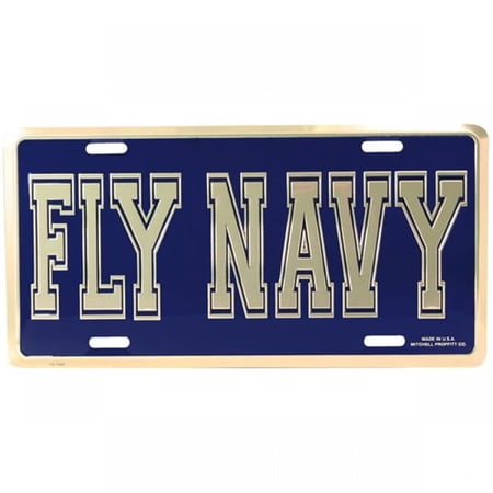 Fly Navy Script Metal License Plate