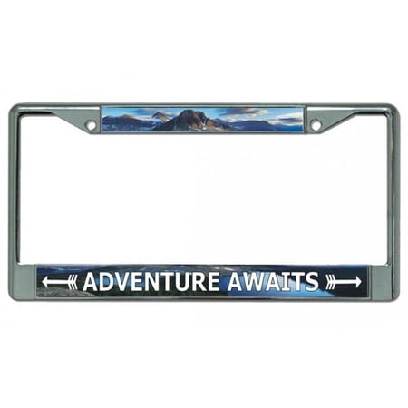 Adventure Awaits Chrome License Plate Frame