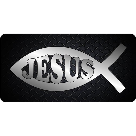 212 Main LPO7803 6 x 12 in. Jesus Fish Chrome on Black Diamond Plate Photo License Plate