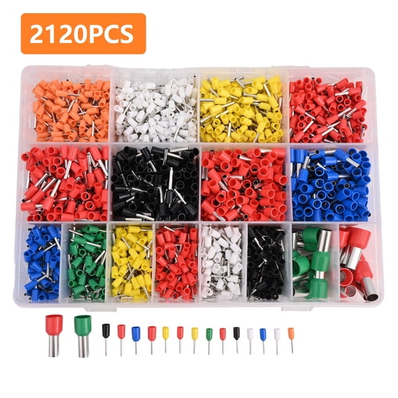 2120PCS Tubular Terminal Block Cold Pressed Kit with Copper Pin Eye Lugs Insulated Electrical Connectors for Automotive Industrial and DIY Wiring