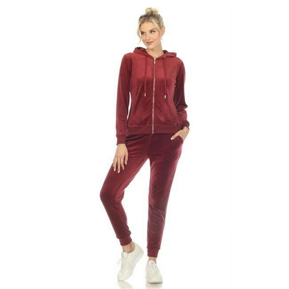 2121-20-L Womens Velour Tracksuit Set, Brick Red - Large - 2 Piece