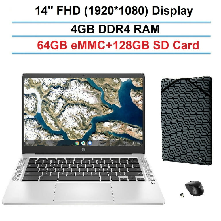 2024 Neuauflage 2121 Newest HP 14 Wireless (1920 Chromebook Sleeve Display, Mouse eMMC+ 64GB OS, Celeron 1080) Bonus Laptop Card, x Premium FHD Chrome & 128GB SD Intel N4000, Silver, Wi-Fi 14\