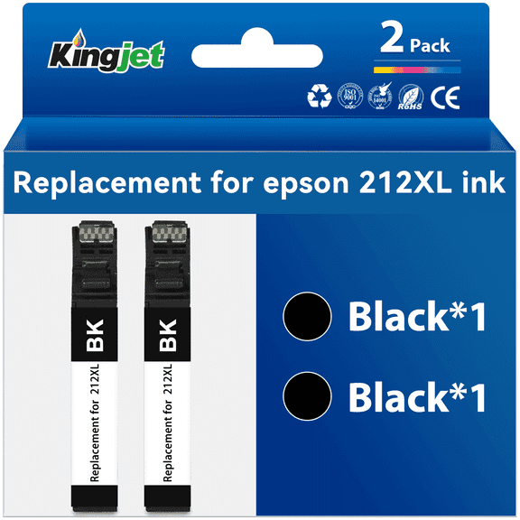 Kingjet Compatible with Epson 212 Black Ink for Workforce WF-2850 WF-2830 XP-4100 XP-4105 Printer (2-Black)