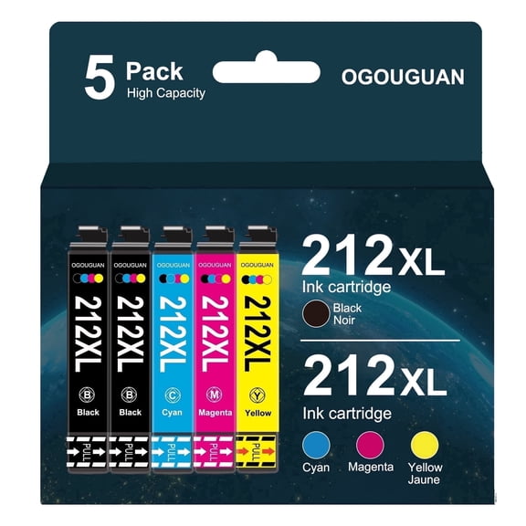 5-Pack 212XL Compatible Ink Cartridges – Compatible Replacement for 212XL & 212 Ink, for XP-4100, XP-4105, WF-2830, WF-2850 Printers (2 Black, Cyan, Magenta, Yellow)