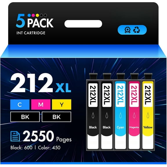 212XL Ink Cartridge High Capacity Combo 5 Pack Replacement for 212 T212 T212XL Ink Cartridges Workforce WF-2850 WF-2830 Expression Home XP-4100 XP-4105 Printer Black Cyan Magenta Yellow