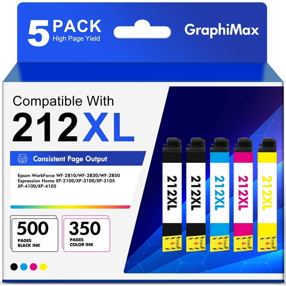 212XL Ink Cartridge Replacement for Epson WorkForce WF-2850 WF-2830 Expression Home XP-4100 XP-4105 Printer (5-Pack, 2 Black, 1 Cyan, 1 Magenta, 1 Yellow)