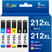 Kingjet Ink Replacement for Epson 212 Ink for Epson 212XL Ink for Workforce WF-2850 WF-2830 XP-4100 XP-4105 Printer (Black Cyan Magenta Yellow, 5-Pack)