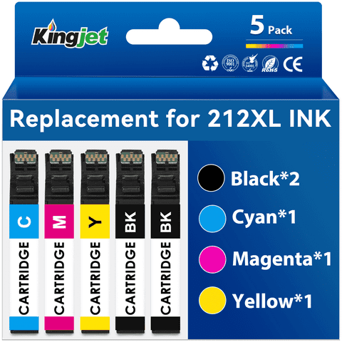 Kingjet Compatible with Epson 212 Ink for Workforce WF-2850 WF-2830 XP-4100 XP-4105 Printer (Black Cyan Magenta Yellow, 5-Pack)