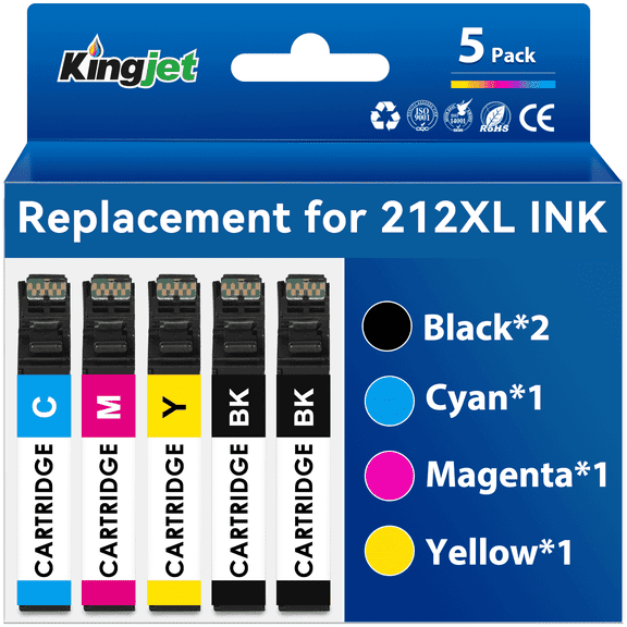 Kingjet Compatible with Epson 212 Ink for Workforce WF-2850 WF-2830 XP-4100 XP-4105 Printer (Black Cyan Magenta Yellow, 5-Pack)