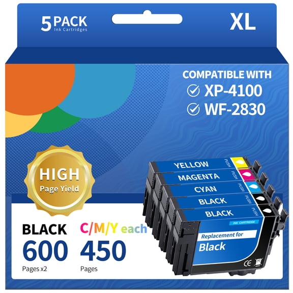 212XL Ink Cartridges used for Epson T212XL T212 for Workforce WF-2850 WF-2830 Expression Home XP-4105 XP-4100 Printer ink T212XL Ink Cartridge (Black, Cyan, Magenta, Yellow) 5-Pack