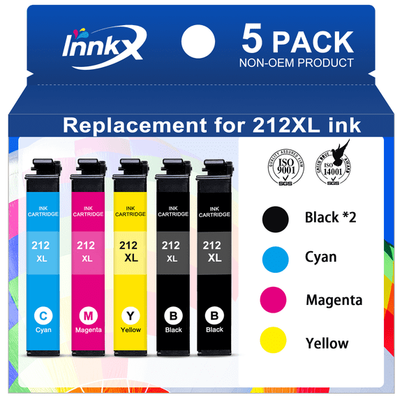 212XL Ink Compatible for Epson 212 Ink for Epson 212XL Ink Cartridges  for Epson XP-4105 XP-4100 WF-2850 WF-2830 Printer(5 Pack,2 Black,1 Cyan,1 Magenta,1 Yellow)