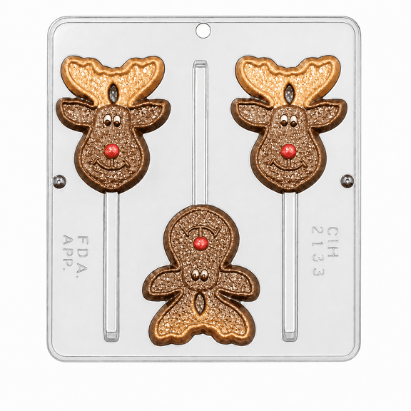 Candy Molds N More 3-Cavity Christmas Reindeer Lollipop Plastic Chocolate Candy Mold, (2133)