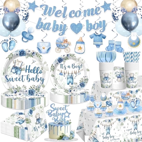 213PCS Blue Baby Boy Shower Decorations Tableware, 25 Serves Disposable Plates and Napkins, Cake Topper, Centerpieces, Banner, Tablecloth-Blue