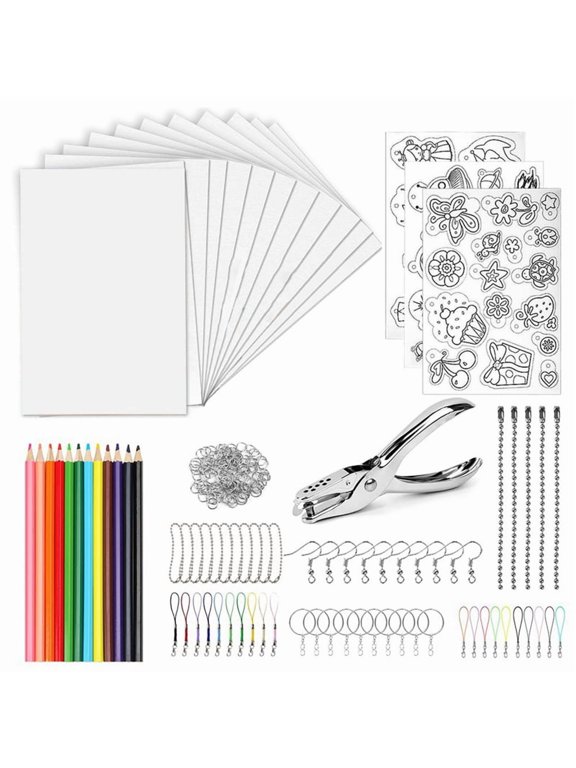 213PCS Heat Shrink Sheets Keychain Kit with 12PCS Shrink Sheets,3PCS Shrink Paper with Pattern,Colored Pencils1 x shrink plastic set