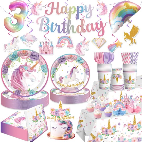 213Pcs Unicorn 3rd Birthday Decorations Tableware Set, 25 Serves VT1