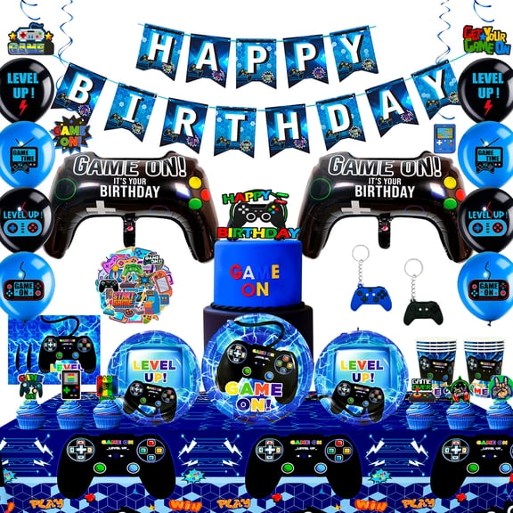 213pcs Video Game Birthday Party Decorations & Tableware Set-Video Game Party Plates Cups Napkins Tablecloth Balloons Banner Hanging Swirls etc Gamer Party Supplies(Blue)