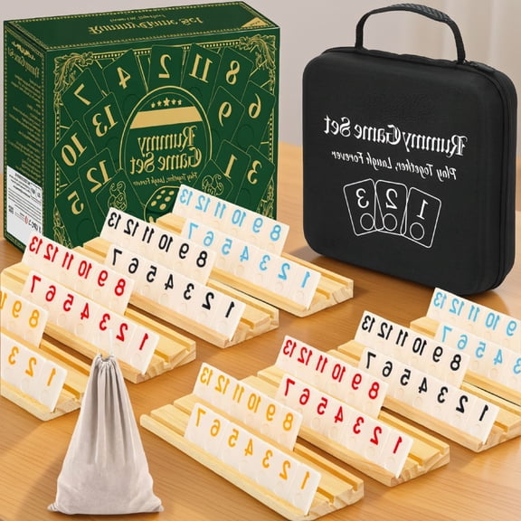 214-Piece Rummy Tile Game Set with 8 Wooden Racks, Drawstring Bag & Carrying Case, for 2-8 Players