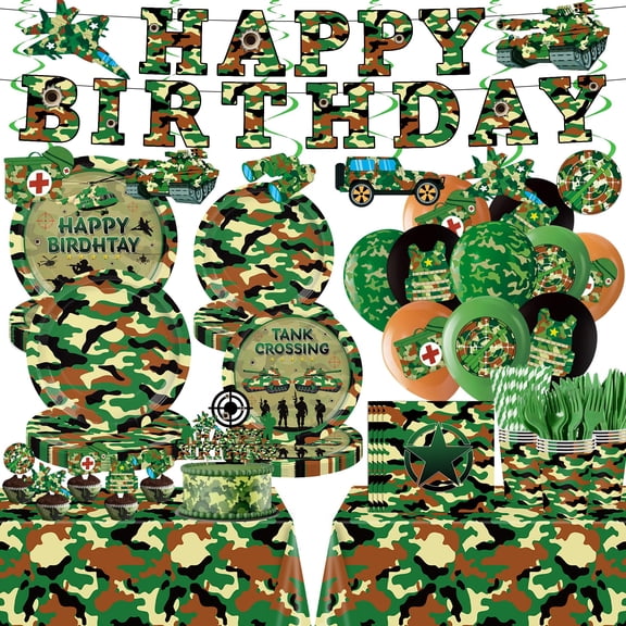 214PCS Camo Army Birthday Party Decorations Plates and Napkins Set,Ballon,Banner,Tablecloth,Hanging,Cupcake Topper, Boys Camo Military Hunting Themed Birthday Party Supplies Serve 24 Guests Y114