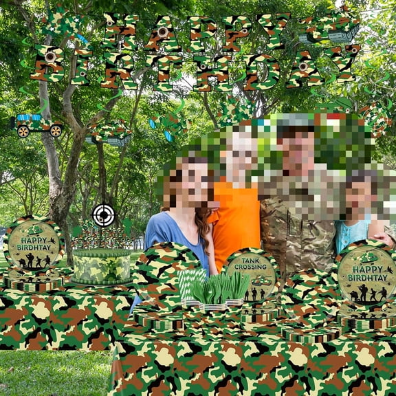 214PCS Camo Army Birthday Party Decorations Plates and Napkins Set,Ballon,Banner,Tablecloth,Hanging,Cupcake Topper, Boys Camo Military Hunting Themed Birthday Party Supplies Serve 24 Guests