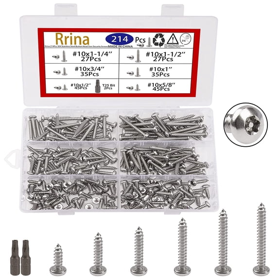 214Pcs 304 Stainless Steel Button Head Torx Security Screws Anti-Theft Tamper Resistant Screw Assortment Set, #10 x 1/2'' / 5/8'' / 3/4'' / 1" / 1-1/4'' / 1-1/2'' with T25 Bit