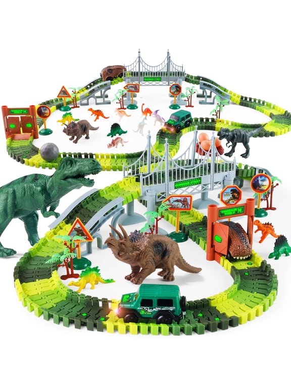 215 PCS Dinosaur Toys Race Car Track with Glow-in-the-Dark Stickers STEM Vehicle Playsets Dinosaur World Road Toys for boys 3-6 Years Best Gift