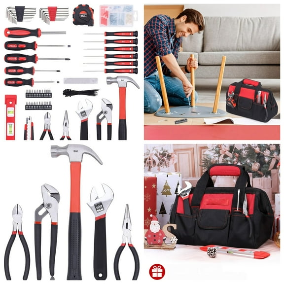 215-Piece Home Repairing Tool Set with 12-Inch Wide Mouth Open Storage Bag,Household Hand Tool Kit,Red