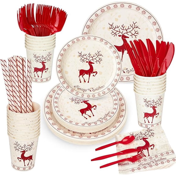 215PCS Red and White Disposable Christmas Plastic Plates - Include 25 Dessert Plate, 25 Dinner Plates, 25 Knives, 25 Spoons, 25 Forks, 25 Cups, 25 Napkins for Christmas Party