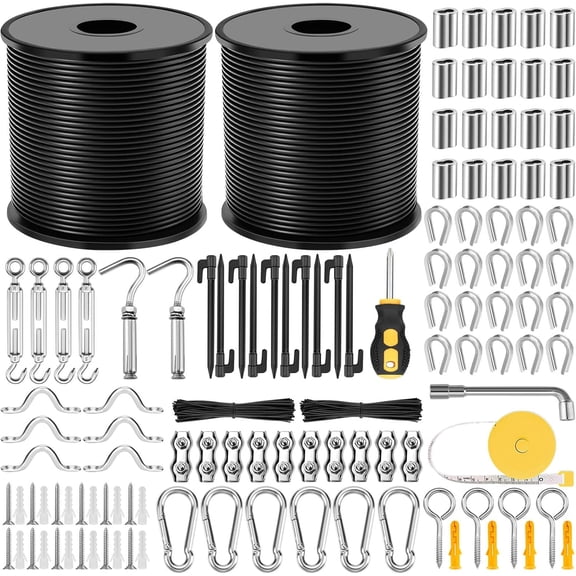 215Pcs string light suspension kit, outdoor light guide wire rope with 240FT nylon coated 304 stainless steel cable, turnbuckle, hook and sufficient accessories