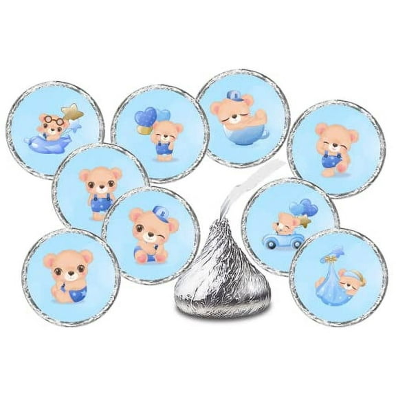 216 Blue Baby Bear Baby Shower Favors Stickers For Baby Shower Or Baby Sprinkle Party Decorations, Baby Shower Blue Favors, Baby Shower Labels, Cute Boy Kisses Labels. Candy not included