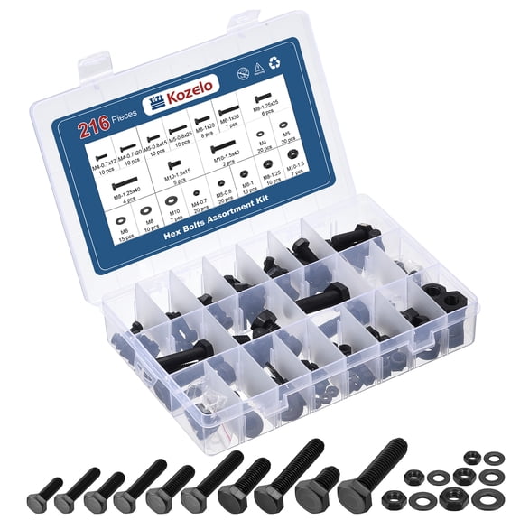 216 Pcs Hex Screw Nut Washer Kit - Plastic Fully Threaded Hexagon Head Bolts