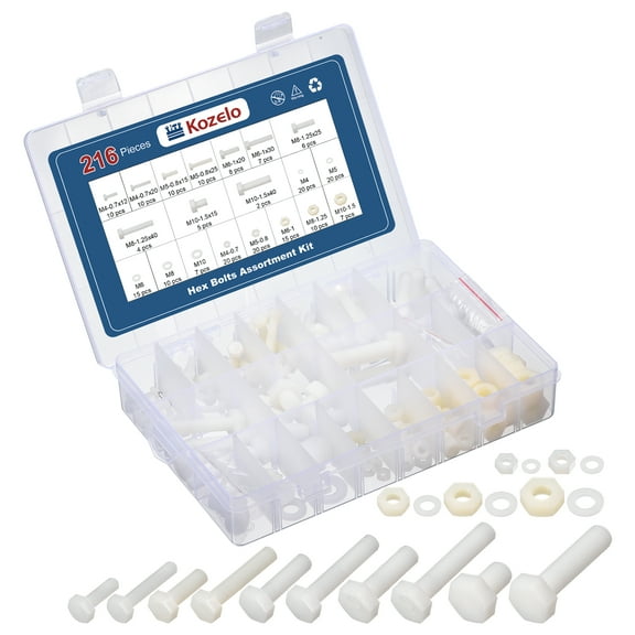 216 Pcs Hex Screw Nut Washer Kit - Plastic Fully Threaded Hexagon Head Bolts