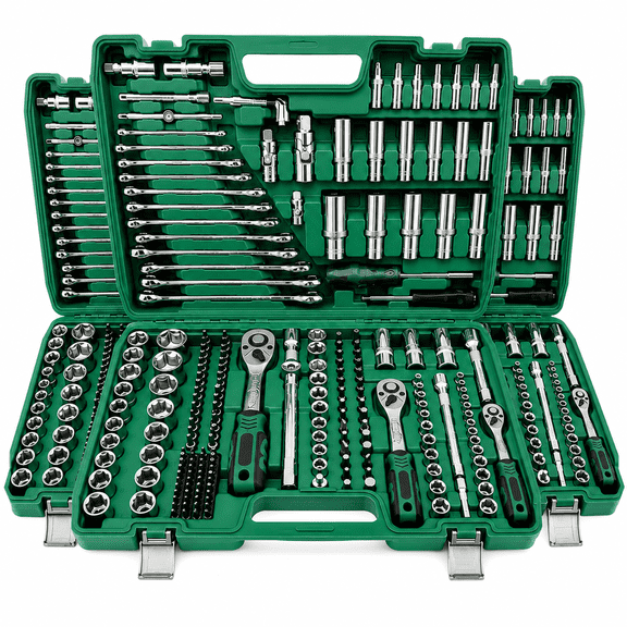 216-Piece Mechanics Tool Set with 1/4, 3/8 & 1/2 in Drive Sockets, Ratchets, Wrenches and Green Storage Case