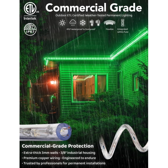 216LEDs, 20ft LED Outside Rope Lights, Waterproof Permanent Outdoor ETL Certified Connectable Clear Tube, Christmas Palm Tree Holiday Decorative Landscape Patio Accent Lighting - Green