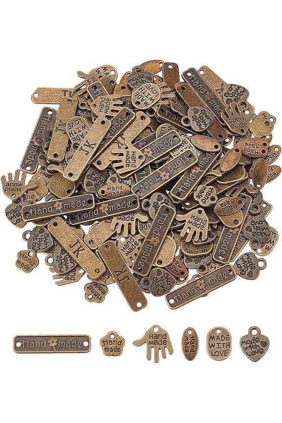 216Pcs Alloy Word Charms Pendants Handmade Made with Love Charms Bronze Oval/Heart/Rectangle/Hand/Flower Shapes Jewelry Making Accessories for Key Chains DIY