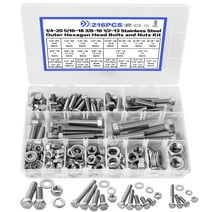216Pcs Hex Bolts and Nuts Assortment Kit,Stainless Steel Hex Head Screws Bolts Flat & Lock Spring Washers Machine Screws Set 1/4" 5/16" 3/8" 1/2"