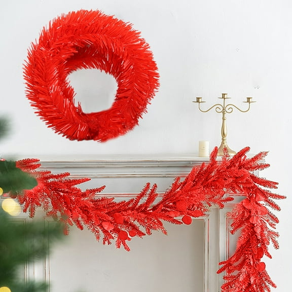 216ft Christmas Pine Garland, 1 Strand Artificial Green Leaf Garland, for Holiday Wedding Staircase Fireplace Decoration, Soft Plastic Rattan Vines, Red