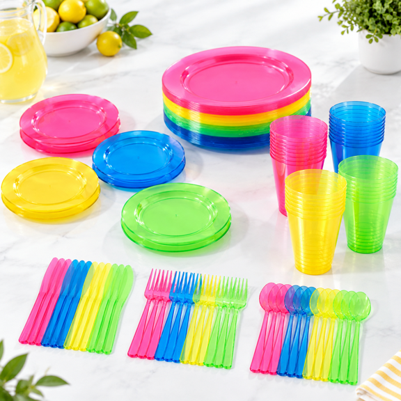 216pcs Rainbow Plastic Plates Party Dinnerware Set with Cups and Silverware