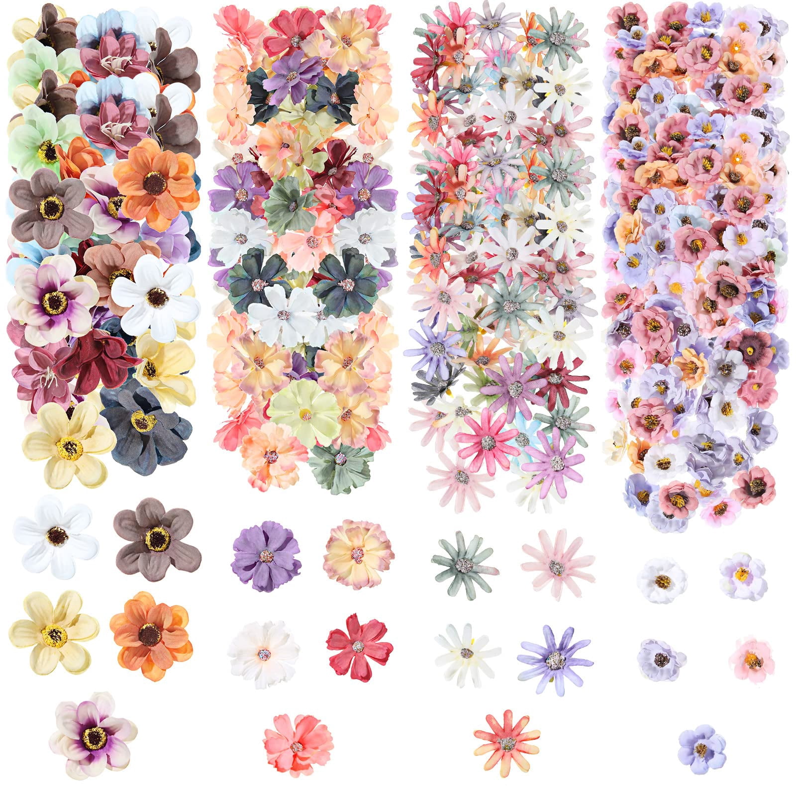 217 Pcs Silk Flower Heads for Crafts, Mini Fake Rose Daisy Sunflower ...