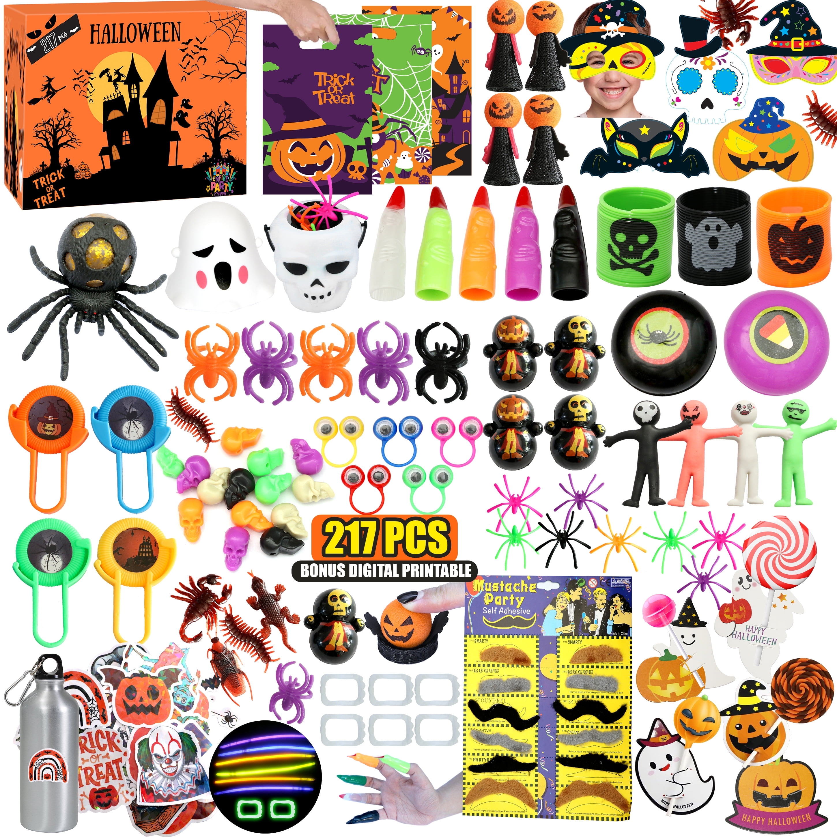217 Pc Halloween Party Favors for Kids Classroom Gift, Treat or Trick Bag Fillers Mini Pumpkin Fake Teeth Halloween Bulk Toys Assortment