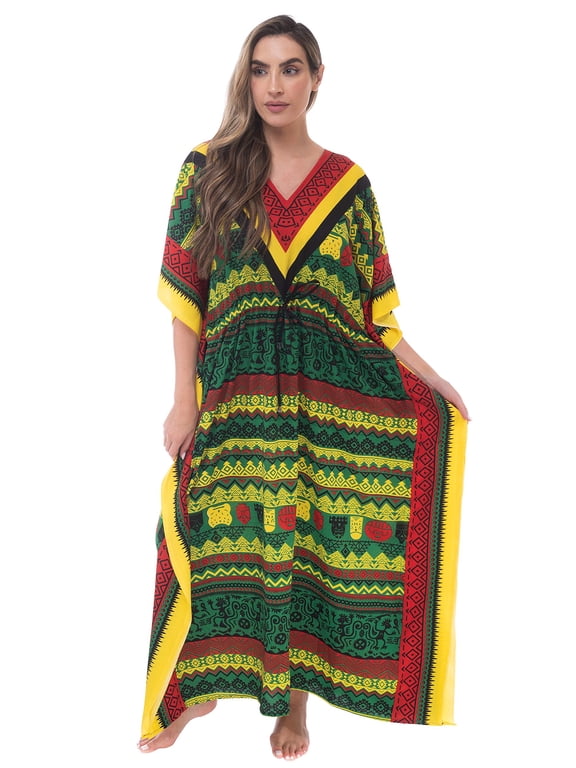 21754-ORG-S-M Riviera Sun Long Dashiki Caftan / Caftans for Women (Rasta Print 2, Small-Medium)