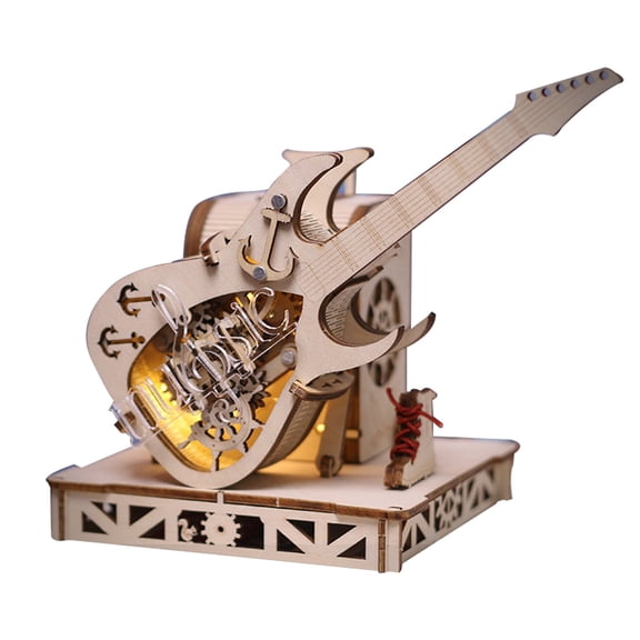 217PCS Wooden Guitar Music Box 3D Puzzle Kit, DIY Mechanical Model Assembly Set With Wind Up Melody Display Decor For Hobbyists