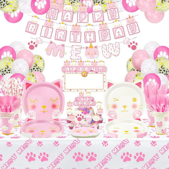 218 PCS Cat Birthday Party Supplies - Cat Balloons, Birthday Banner, MEOW Garland, DIY Hanging Sign, Cake Topper, Plates, Napkins, Cups and Tablecloth for Cat Birthday Decorations, Serve 20 Guests