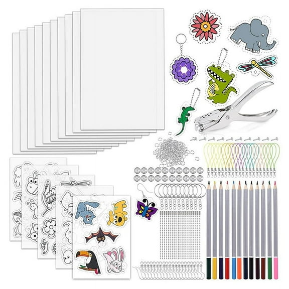 218 Pcs Shrink Plastic Sheets Kit: 15 Plastic Sheets, Keychains, Hole Punch, and Pencils for Crafts. Perf