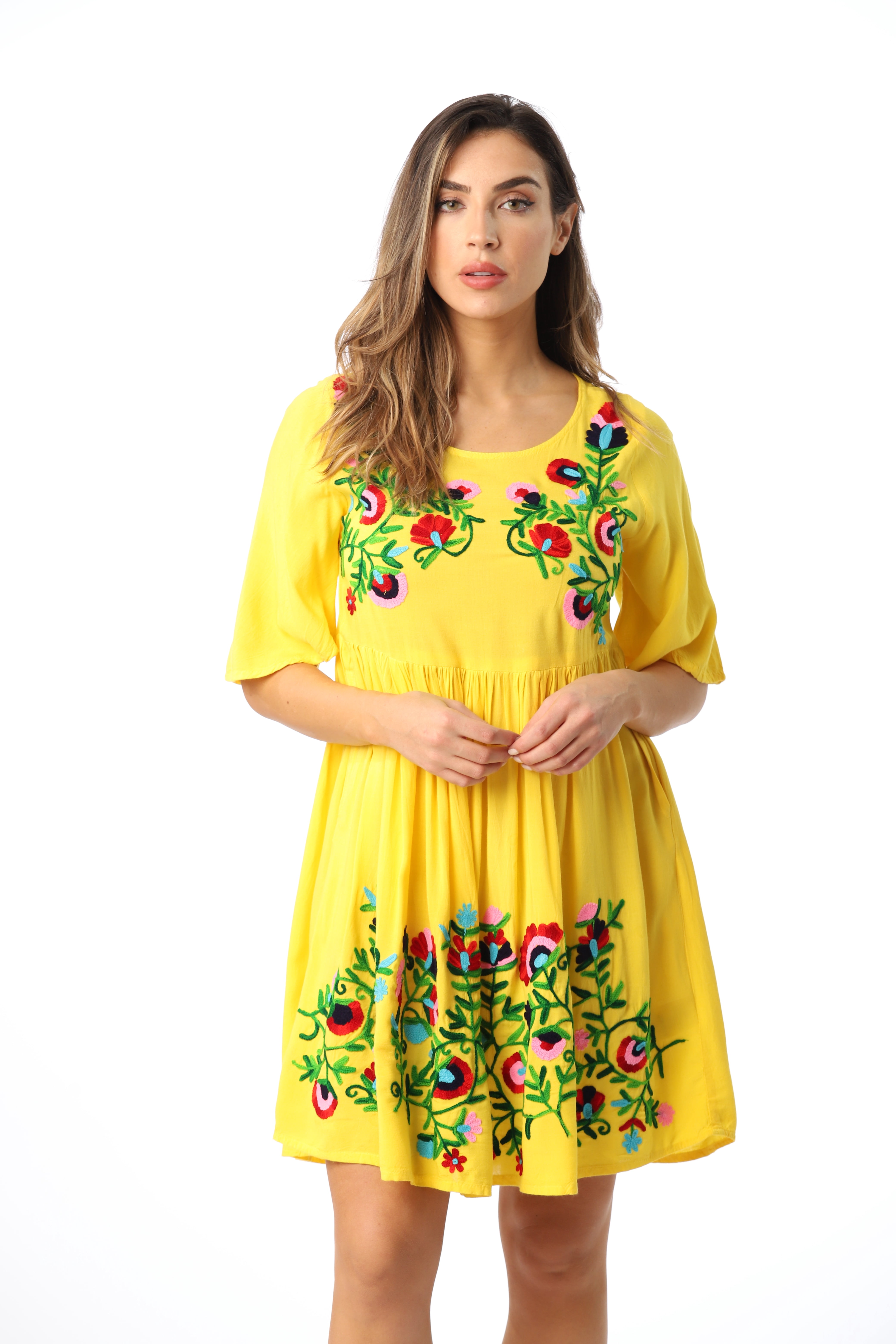 21824-YEL-3X Riviera Sun Rayon Crepe Short Dress with Multicolored 