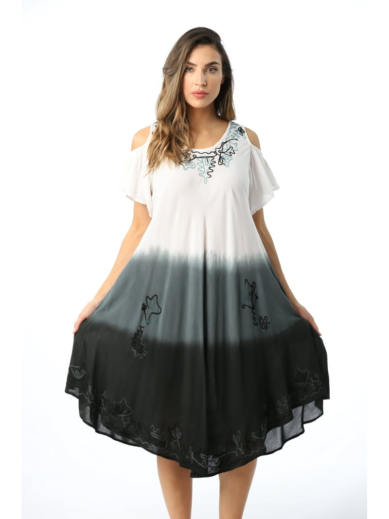 Riviera Sun Womens Cold Shoulder Ombre Tie-Dye Sundress Lightweight Casual  Beach Dress & Swimsuit Cover-Up (Black / White, Large) - Walmart.com