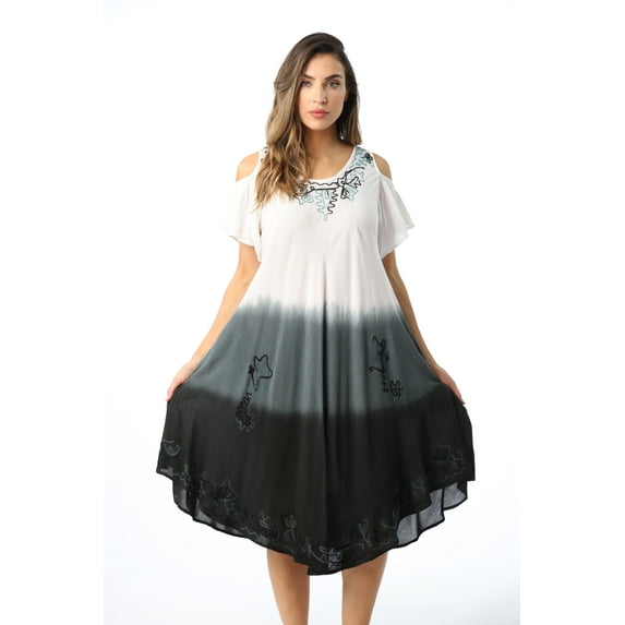 Riviera Sun Womens Cold Shoulder Ombre Tie-Dye Sundress Lightweight Casual Beach Dress & Swimsuit Cover-Up (Black / White, Large)