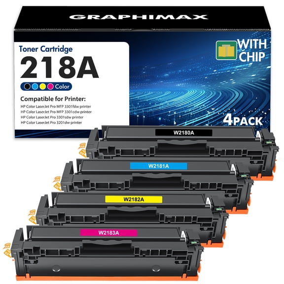 218A 218 Toner Cartridges With-Chip Compatible for HP 218A W2180A 218X W2180X 218 3301fdw Laserjet 3301fdw 3301cdw 3201dw 3301sdw 3301 3201 Series Printer Black Cyan Yellow Magenta, Pack-4
