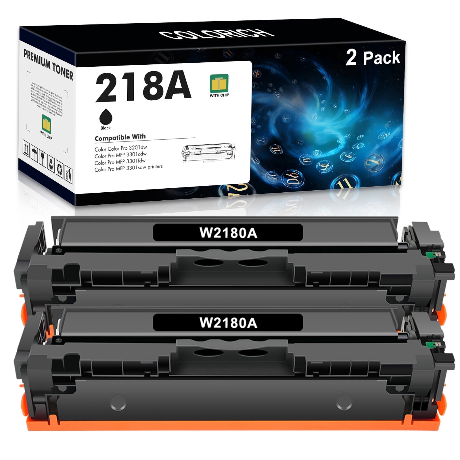 218A Black Toner Cartridges 2 Pack With Chip Compatible for 218A W2180A 218X W2180X 218 3301fdw Color Laserjet Pro MFP 3301fdw 3301cdw 3201dw 3301sdw 3301 3201 Series Printer High Yield Ink